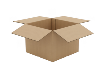 Open cardboard box mockup, packaging container, empty carton box, moving box, shipping box, storage box, delivery box, package box, brown box isolated on transparent background