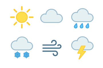 Obraz premium Six flat weather symbols including sun, cloud, rain, snow, wind, and lightning