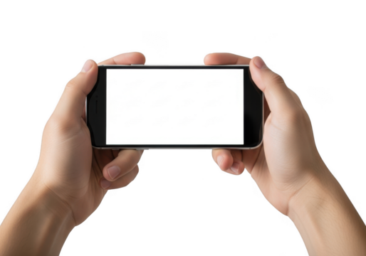 Horizontal smartphone mockup in hands for app presentation, mobile gaming, or video watching, isolated on transparent background - Powered by Adobe