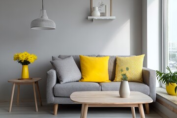 Contemporary living room space features bright yellow accents against neutral gray and pale wood tones