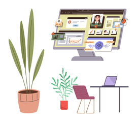 Digital workspace featuring a computer screen with charts, diagrams, and notifications. Includes a desk, laptop, chairs, and potted plants. Ideal for remote work, data analysis organization
