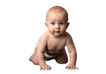 Adorable baby crawling with a determined expression on a black backdrop