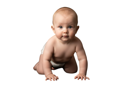 Adorable baby crawling with a determined expression on a black backdrop