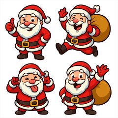 Four cheerful cartoon Santas in red suits with different playful poses: thumbs-up, laughing, silly face, and waving with gift sacks.