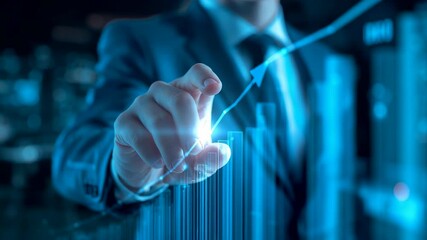 Businessman in suit drawing glowing upward financial graph with virtual interface showing growth analytics, investment, and market progress - Powered by Adobe