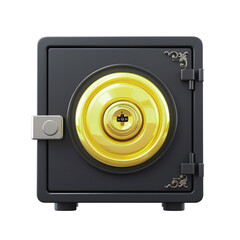 A 3D rendering of a black safe with a large, ornate golden dial and keyhole on its front.