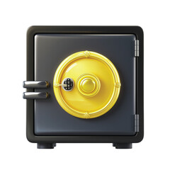 A small, secure dark grey safe with a shiny gold circular door and a combination lock, rendered in 3D.