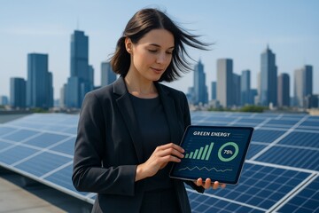 Businesswoman examining green energy statistics on tablet, modern graphic style, rooftop solar panel background, concept of clean technology. Ai generative
