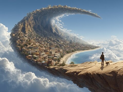 Surreal Cliff City Shaped Like a Wave with Small Village Overlooking Clouds and a Person with Dog on the Edge