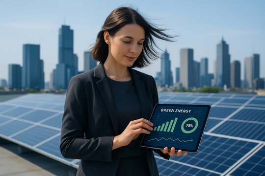 Businesswoman examining green energy statistics on tablet, modern graphic style, rooftop solar panel background, concept of clean technology. Ai generative