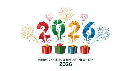 Festive new year 2026 celebration with colorful fireworks and gift boxes wishing merry christmas and happy new year