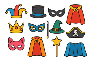 Colorful costume accessories and masquerade props icons for dress up themes