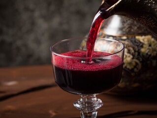 Pouring deep red Korean raspberry wine into an elegant stemmed glass over a traditional wooden table with flowing liquid