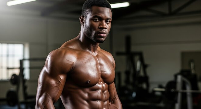 Muscular African American man confidently displays his powerful, chiseled physique, a testament to intense fitness training and dedicated bodybuilding within a dynamic gym setting