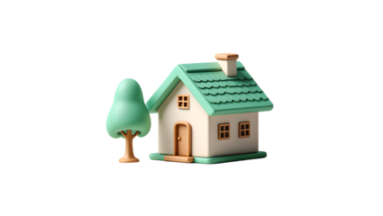 A charming, stylized miniature house with a green roof and a whimsical tree, isolated on a clean transparent background, perfect for illustrating concepts of home, real estate, or simple living