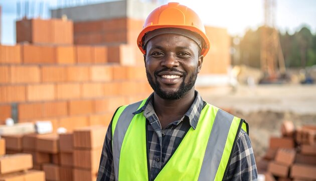 Smiling Black construction worker in safety gear, with a hard hat and reflective vest, amidst brickwork and a building site - Powered by Adobe