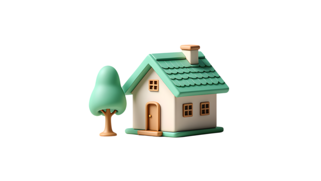 A charming, stylized miniature house with a green roof and a whimsical tree, isolated on a clean transparent background, perfect for illustrating concepts of home, real estate, or simple living