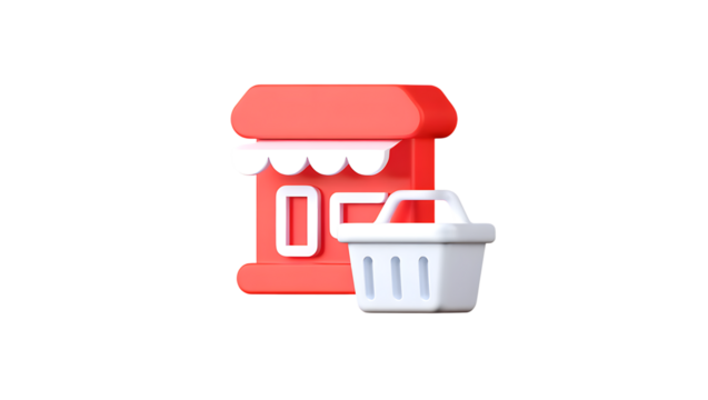 A bright red, stylized storefront or shop icon with a white shopping basket in front, isolated on a transparent background, representing retail, commerce, shopping, and business