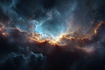 Fototapeta premium Mesmerizing cosmic landscape with vibrant hues and a starry sky, featuring a haze of gas and dust in soothing blue, orange, and brown tones, evoking depth and mystery of the universe