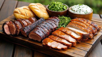 Rustic wooden table with assorted smoked meats garnished with fresh herbs and artisan bread for food presentation