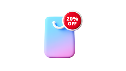 A stylized 3d shopping bag icon with a gradient of blue to purple, featuring a red circle with 20 off text, isolated on transparent background