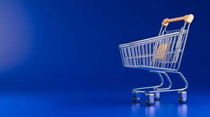 Retail Shopping Cart Isolated on Deep Blue Background with Copy Space