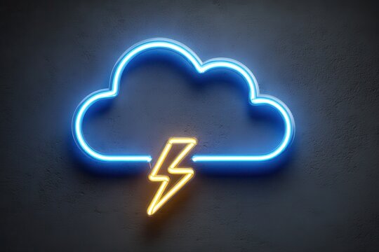 Neon cloud lightning sign glowing against dark wall, vibrant blue and yellow colors creating dynamic atmosphere for modern decor and nightlife themes. Perfect for branding and artistic projects
