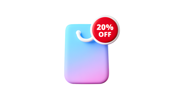 A stylized 3d shopping bag icon with a gradient of blue to purple, featuring a red circle with 20 off text, isolated on transparent background