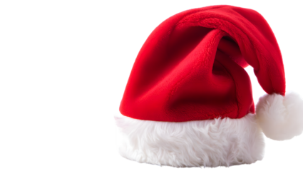 A classic red santa hat with a white fluffy trim and pompom, isolated on a transparent background, perfect for christmas and holiday season designs