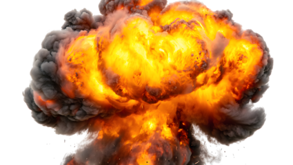 A powerful and intense explosion with bright orange flames and dark smoke billowing outwards, isolated on transparent background