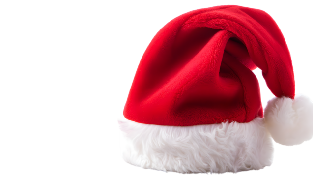A classic red santa hat with a white fluffy trim and pompom, isolated on a transparent background, perfect for christmas and holiday season designs