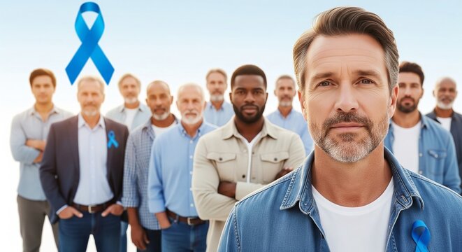 Group of diverse men showing solidarity for prostate cancer awareness, wearing blue ribbons to promote health and support for men's wellness