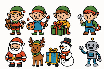 Cute Christmas Characters Including Santa-Like Figure, Elves, Reindeer, Snowman, Robot, and Gifts