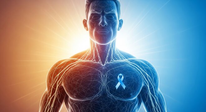 Vivid 3D rendering of a strong male torso, accentuated by contrasting light and a prominent blue awareness ribbon, symbolizing crucial health initiatives and medical support