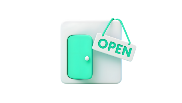 A 3d illustration of a teal door with a white open sign hanging from it, isolated on a transparent background