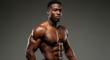 Fototapeta premium Powerful and sculpted physique of a determined African American bodybuilder, showcasing peak physical condition and dedicated athletic training in a studio portrait