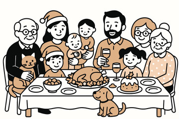 Happy diverse family celebrating a festive holiday meal together around a decorated table