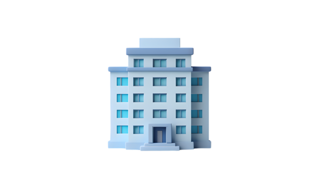 A stylized, light blue cartoon building resembling an office or apartment complex, isolated on a transparent background