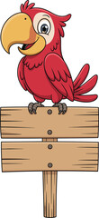 Cartoon red parrot, wooden signpost, yellow beak, cheerful bird, expressive eyes, vector illustration, tropical mascot, jungle theme, children’s design, playful animal art