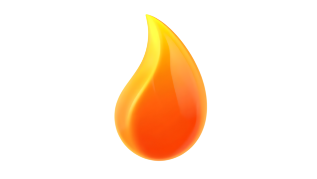 A vibrant, stylized flame icon in shades of orange and yellow, resembling a teardrop shape, symbolizing fire, heat, energy, and passion, isolated on transparent background