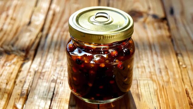 A jar of delicious homemade jam on a wooden table.