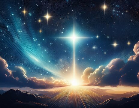 a bright star shines in a night sky filled with clouds and stars - Powered by Adobe