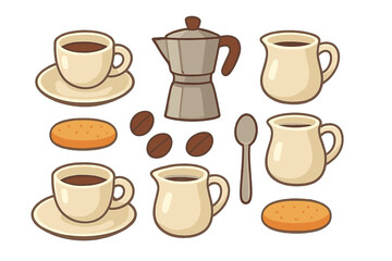 Obraz premium Seamless pattern of coffee and breakfast items including cups, beans, Moka pot, and biscuits