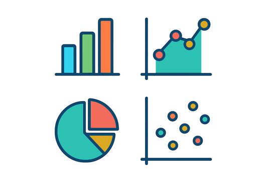 Colorful set of data visualization graphs including bar, line, pie, and scatter plots