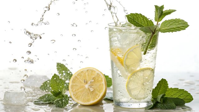 A tall glass of lemonade with mint and lemon slices, with water splashing into it