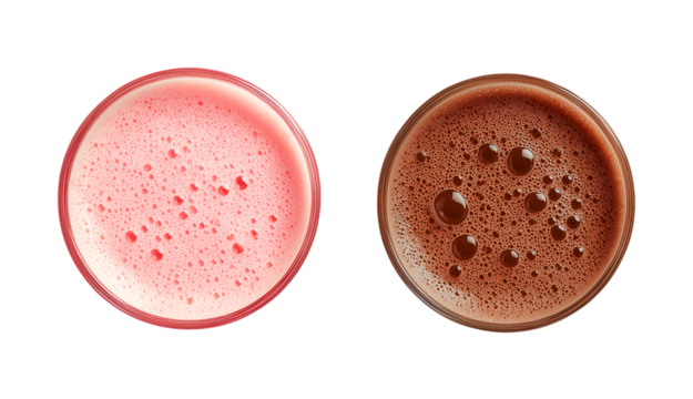 Foamy Contrast: Strawberry Pink and Chocolate Brown Drinks Viewed from Above isolated on transparent background