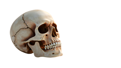 A realistic human skull, isolated on transparent background, viewed from the side with a clear view of its teeth and bone structure, representing mortality, anatomy, or halloween themes