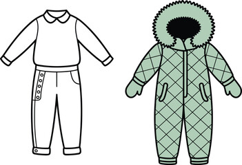 Children’s winter outfit vector, CAD fashion flat, snowsuit and shirt pants set, garment template, apparel illustration