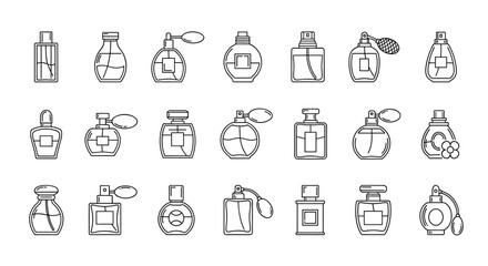 Collection of minimalistic linear perfume bottle icons, perfect for web and graphic design, apps, banners, social networks, and cards. This vector cartoon illustration features a variety of elegant