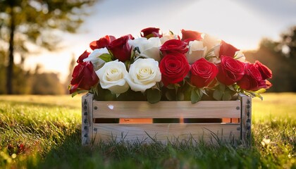 red and white roses in rustic crate on sunny grass floral beauty